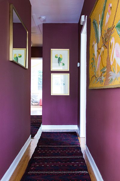 Purple Painted Walls, Purple Places, Purple Stairs, Purple Hallway, Purple Wall Color, Purple Entryway, Purple Home Office, Hallway Inspiration, Purple Interior