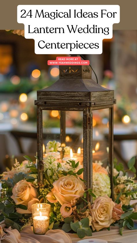 Elegant wedding centerpiece featuring a rustic lantern decorated with flowers and candles, creating a warm and inviting glow. Wedding Table Decorations Lanterns, Fall Lantern Filler Ideas, Diy Wedding Centerpieces Rustic Country Table Decorations, Lantern Centerpieces Ideas, Barn Wedding Decorations Centerpieces, Unique Wedding Ideas Reception Decorations, Gold Lanterns Wedding, Old Lantern Decor Ideas, Simple Lantern Centerpieces