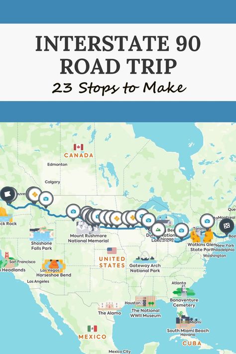 Here are the best places to visit on an I-90 road trip across America. I-90 Road Trip, New York Road Trip, Usa Road Trip Map, Road Trip Across America, Road Trip Map, Travel Bucket List Usa, Roadside Attractions, Trip Itinerary, Usa Travel Destinations