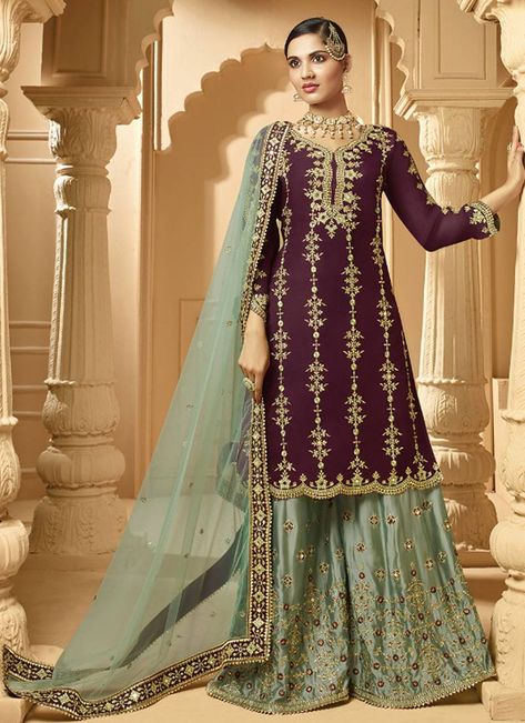 These suits may be worn for functions, festivals, parties, and even weddings. They have a sophisticated appearance and enhance a woman's beauty. (1 Top / 1 Bottom / 1 Dupatta) Indian Sharara Outfits Desi Wedding, Green Garara Dress, Sharara Top, Garara Dress, Blue Sharara, Pakistani Sharara, Sharara Dress, Georgette Sharara, Green Dupatta