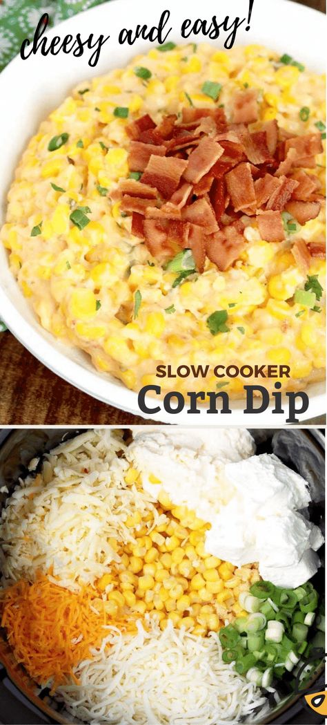 Corn Dip is a mouthwatering creamy and cheesy dip made effortlessly in your slow cooker. This easy cream cheese dip is packed with corn, green chiles, Pepper Jack, mozzarella and cheddar. Instructions for making this dip in the oven are also provided. #crockpot #easy #withcreamcheese #warm #recipe #baked #crack #appetizer #gameday Slow Cooker Corn Dip, Easy Cream Cheese Dip, Crockpot Dips, Slow Cooker Corn, Cheesy Corn Dip, Corn Side Dish, Crock Pot Dips, Crockpot Appetizers, Cream Cheese Dip