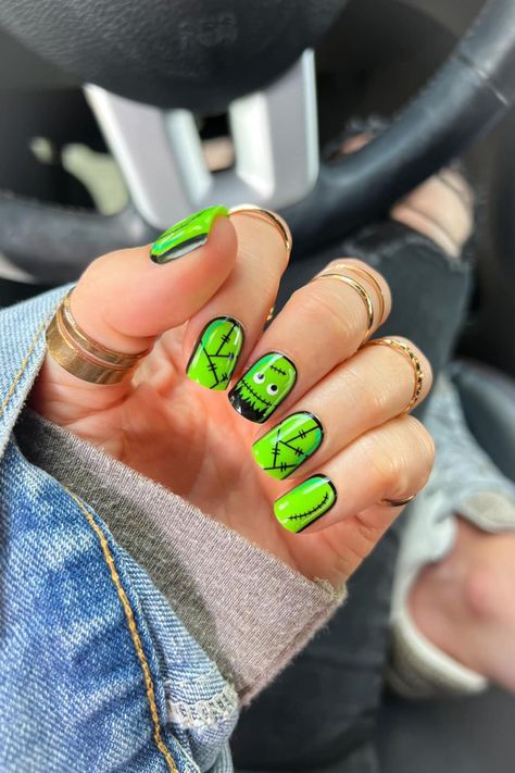 Frankenstein Nails Halloween, Halloween Frankenstein Nails, Frankenstein Nails, Red Aspen Nails, Toes Nails, Aspen Nails, Witchy Nails, Halloween Press On Nails, Pumpkin Nails