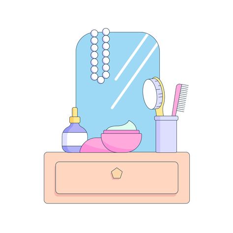 Dressing Table Illustration, Vanity Illustration, Free Hairstyles, Cosmetics Illustration, Serum Bottle, Dressing Room Mirror, Mirror Illustration, Packaging Illustration, Hair Clipart