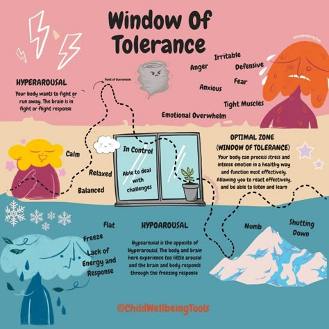 The Window Of Tolerance Also known as the 'WOT' is something we all have. We all have different widths of tolerance and when we are within this tolerance level we are inside the 'window'. Full information on our Instagram @ChildwellbeingTools RESOURCES AVAILABLE ON OUR SHOP LINK IN BIO #windowoftolerance #trauma #thinking #problemsolving #emotionalregulation #decisionmaking #innerchild #innerchildtherapy #humanneeds #mentalhealthcare #emotionalwellness #somatictherapy #copingskills Tolerance Activities, Educational Posters For Kids, Window Of Tolerance, Nervus Vagus, Counseling Worksheets, Mental Health Activities, Mental Health Facts, School Social Work, Mental Health Counseling