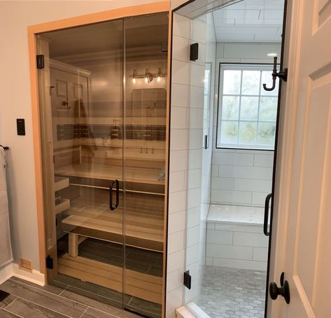 Ensuite With Sauna, Walk In Shower With Sauna, Basement Bathroom With Sauna, Sauna In The Bathroom, Master Bath With Sauna Layout, Small Bathroom Sauna, Sauna In Bathroom Master Bath, Bathroom Sauna Ideas, Sauna In Master Bath