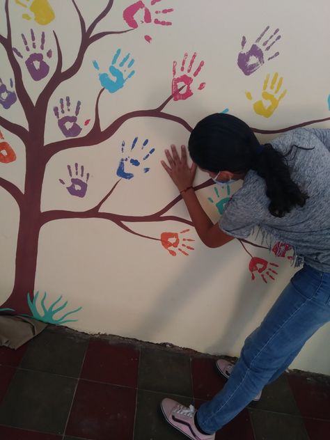 Family Tree Wall Mural, Handprint Mural, Tree Painting On The Wall, Wellbeing Garden, Tree Wall Painting, Sunday School Decorations, School Decoration, Tree Quotes, Garden Mural