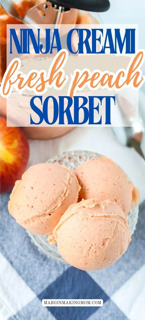 I can't get enough of this Ninja Creami peach sorbet! Ripe, fresh peaches are perfect in the summer, so incorporating them into a sorbet is my kind of dessert! Plus, you don't have to peel the peaches. Use sugar (or monkfruit sweetener to cut calories) to create the best treat! Peach Creami Recipes, Ninja Creami Fresh Peach Sorbet, Fresh Peach Sorbet Ninja Creami, Healthy Ninja Creami Fruit, Peach Ninja Creami Recipe, Peach Sorbet Ninja Creami, Ripe Peaches Recipes, Fruit Ninja Creami Recipes, Ninja Creami Fruit Sorbet