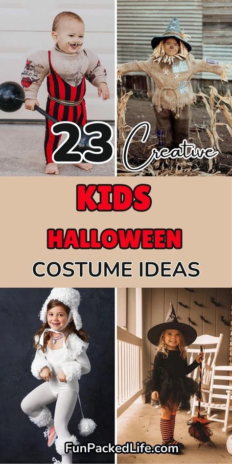 The image showcases four different creative kids Halloween costume ideas with the text "23 Creative Kids Halloween Costume Ideas" displayed. The image emphasizes fun and creative costume choices for Halloween, ideal for young children, and encourages DIY inspiration for parents looking for easy Halloween costume ideas. Kids Halloween Costumes Diy, Creative Halloween Costumes For Kids, Diy Kids Halloween Costumes, Best Toddler Costumes, Creative Kids Halloween Costume, Unique Kids Halloween Costume, Kids Halloween Costume Ideas, Halloween Diy Outfit, Homemade Costumes For Kids