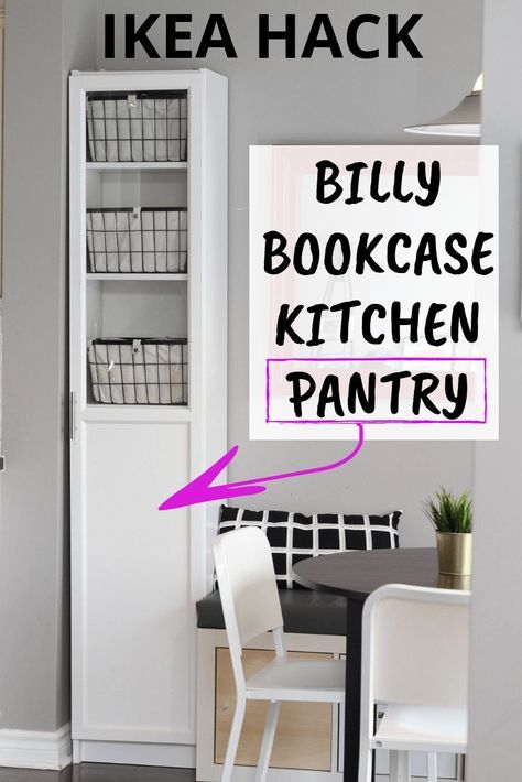 Ikea Billy hack- turn bookcase into a DIY freestanding pantry cabinet. This pantry hack is great for small kitchens and is cheap too! Diy Kitchen Pantry Cabinet, Diy Kitchen Pantry, Corner Pantry Cabinet, Kitchen Renovation Diy Ideas, Pantry Cabinet Free Standing, Ikea Pantry, Kitchen Pantry Cupboard, Bookcase Hack, Billy Ikea