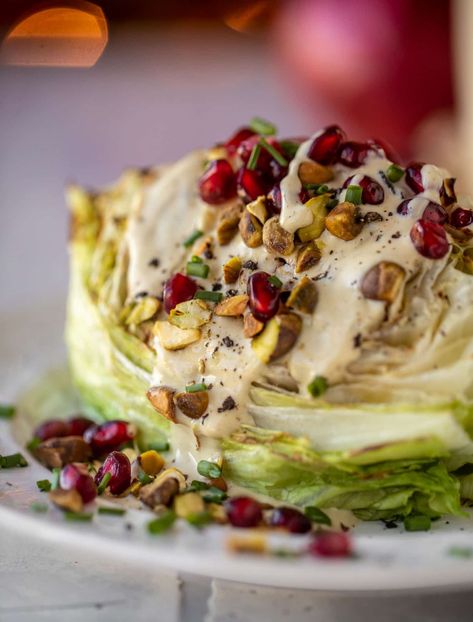 broiled wedge salad with pomegranates and pistachios Vegan Wedge Salad, Grilled Salads, Lamb Sides, Wedge Salads, Wedge Salad Recipes, Salad With Pomegranate, Lamb Dinner, Grilled Salad, Wedge Salad