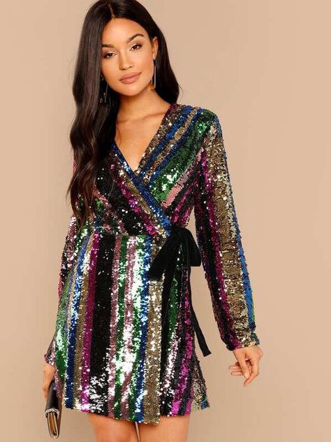 Color Block Sequin Wrap Dress for Sale Australia| New Collection Online| SHEIN Australia Sequin Wrap Dress, Elegant Mini Dress, Club Party Dresses, Shift Dresses, Woman's Fashion, Sequin Party Dress, Sequin Mini Dress, Autumn Fashion Women, Sequin Dress