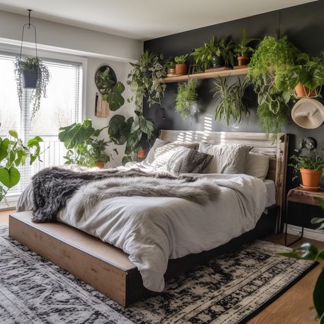 Plants On Black Wall, Boho Room With Black Wall, Black White Green Boho Bedroom, Bedroom Decor With Black Wall, Black And Boho Bedroom, Dark Green White And Grey Bedroom, Grey Wall With Black Accent Wall, Bohemian Dark Bedroom, Black With Plants Room