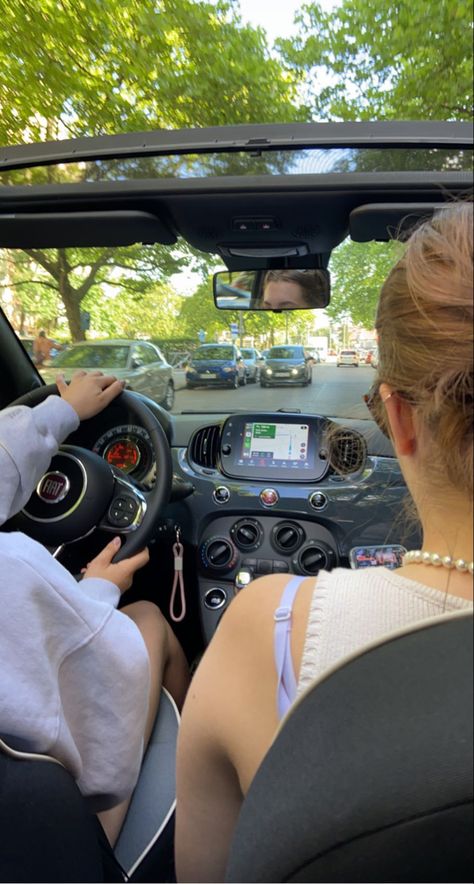 #besties #car #cabrio #fiat500 #driving #summer #vacation #windowsdown Cute Driving Pictures, Aesthetic First Car, Cabrio Aesthetic, Good First Cars, Fiat 500 Aesthetic, Fiat 500 Convertible, First Car Aesthetic, Driving Motivation, Car Ride Aesthetic