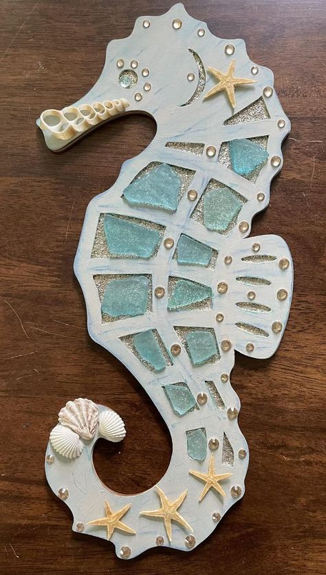 💲Dollar Tree Fanatics Crafts & Decor💲 | Dollar Tree Seahorse Wood Frame Surface  | Facebook Seaglass Seahorse Diy, Seahorse Shell Art, Dollar Tree Seahorse, Seahorse Art Project, Seahorse Craft, Seahorse Resin Art, Tropical Decorations, Seahorse Crafts, Beach Projects