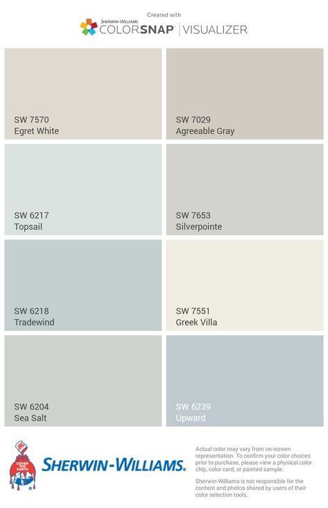 Colors That Go With Sea Salt Sherwin Williams, Sea Salt Sherwin Williams Palette, Sea Salt And Agreeable Gray, Clean House Color Palette, Unquie Bathroom Ideas, Sea Salt Sherwin Williams Hallway, Sherwin Williams Relaxing Bedroom Colors, Soft Room Colors, Topsail Sherwin Williams Living Room