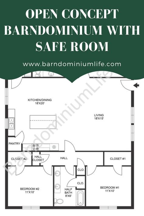 This barndo has a dedicated safe room located just off the utility area. Perfect for storing your guns and other items you want to keep secure, this room could also be repurposed for general storage if needed. Beyond that, there are plenty of thoughtful touches that elevate this floor plan into something truly special, like the skylight located in the master closet. Floor Plan With Safe Room, House Plans With Safe Room One Story, Hidden Room Floor Plan, Floor Plans With Secret Rooms, Pantry Safe Room, House Plans With Storm Shelter Safe Room, Safe Room In Closet, House Plans With Safe Room Secret Doors, Barndominium Floor Plans With Safe Room