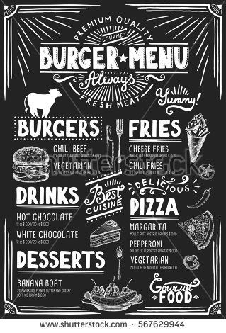 Food menu for restaurant and cafe. Design template with hand-drawn graphic elements in doodle style. Chalkboard Restaurant, Chalk Menu, Blackboard Menu, Burger Menu, Food Template, Chalkboard Lettering, Chalk Lettering, Menu Boards, Burger Restaurant