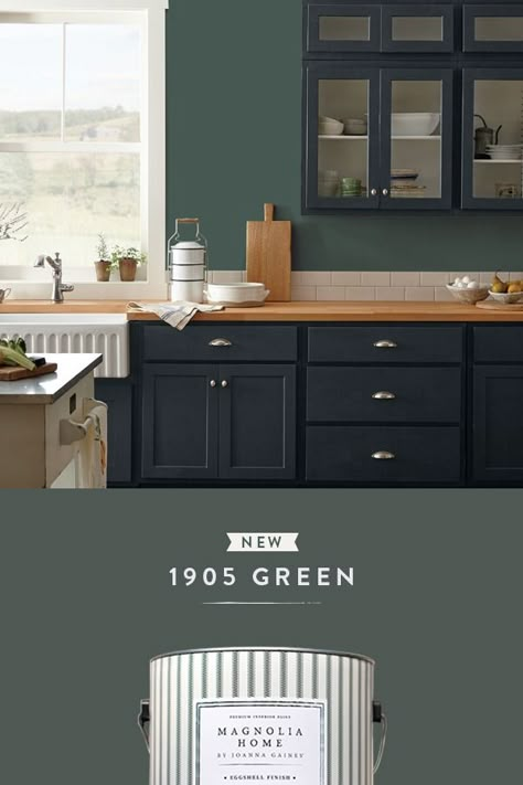 1905 Green from Magnolia Home by Joanna Gaines® is a slightly jeweled forest green hue. It was originally created by Joanna for her new Magnolia Press coffee shop in Waco, Texas to add just the right amount of warmth and charm. Explore the family of all 40 green hues in the Magnolia Home paint collection on our website. 1905 Green Paint Magnolia, 1905 Green, Modern Speakeasy, Green Interior Paint, Joanna Gaines Paint, Magnolia Homes Paint, Farmhouse Restoration, Hallway Paint, Magnolia Colors