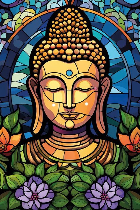 Buddha Digital Art, Bottle Art Buddha, Buddha Stained Glass Patterns, Creative Glass Painting, Stained Glass Painting Patterns, Digital Glass Printing Designs, Buddha Glass Painting, Nierika Art, Buhda Art