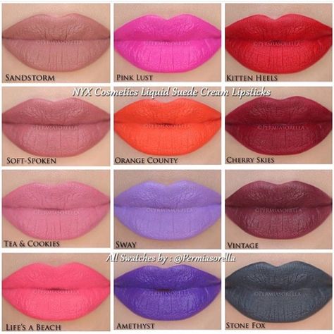 Lip Drama: NEW NYX Liquid Suede Cream Lipsticks + Swatches Nyx Suede Matte Lipstick, Nyx Liquid Suede, Nyx Lipstick, Nyx Makeup, Lip Swatches, Cream Lipstick, Lipstick Swatches, Makeup Swatches, I Love Makeup