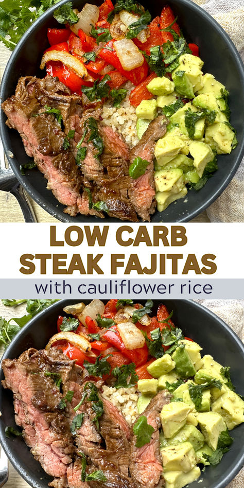 images of  low carb steak fajitas with cauliflower rice in a bowl Skirt Steak Keto Recipes, Low Carb Steak Fajita Bowl, Low Carb Steak Taco Bowl, Low Carb Steak Bowl, Mexican Cauliflower Rice Recipes, Rice Bowls With Steak, Low Carb Skirt Steak Recipes, Healthy Steak Dinner Recipes Low Carb, Low Carb Chipotle Bowl