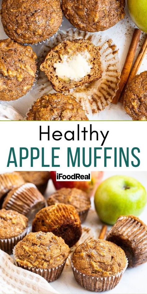 These Healthy Apple Muffins combine whole wheat flour (or spelt flour), apples, applesauce, and warm fall spices – topped off with a crunchy cinnamon-sugar topping for a perfectly fluffy, moist seasonal breakfast or snack muffin. Better yet, though, you can enjoy these without ruining your diet as they’re naturally sweetened with dates! Grated Apple Muffins, Healthy Apple Muffin Recipes, Whole Wheat Apple Muffins, Vegan Apple Muffins, Low Sugar Muffins, Granola Muffins, Apple Spice Muffins, Apple Muffins Healthy, Applesauce Bread