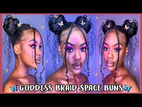 HOW TO: GODDESS BRAID SPACE BUNS 🦋 | Outre Braid Up Pre-Stretched Braiding Hair | Adaisha Miriam - YouTube Braid Space Buns, Race Hairstyles, Mixed Race Hairstyles, Braided Space Buns, Goddess Braid, Diy Hair Extensions, Two Buns, Natural Hair Bun Styles, Front Braids