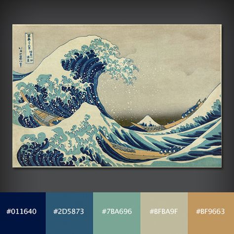 Colour Palette.    The Great Wave off Kanagawa.     a woodblock print, produced somewhere between 1830 and 1833 by the Japanese artist Hokusai.  The shape and colour of the waves is mirrored by the mountain in the background. Japanese Colors, The Great Wave, Japanese Waves, Famous Paintings, Great Wave Off Kanagawa, Color Palette Design, Arte Inspo, Japanese Patterns, Japanese Painting