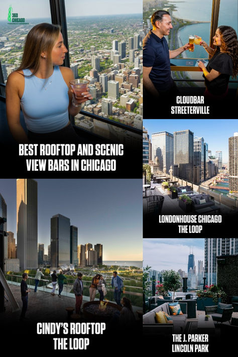 20 of the best rooftop and scenic bars in Chicago including CloudBar, LondonHouse Chicago,  Cindy's Rooftop, The J. Parker, Kennedy's Rooftop and more! Rooftop Bars Chicago, 360 Chicago, Observation Deck, Rooftop Bars, Best Bars, Chicago Skyline, City Views, Rooftops, Rooftop Bar