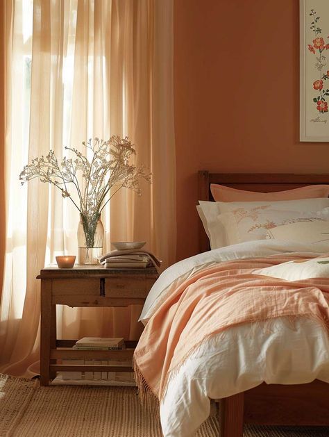 15+ Inspiring Terra Cotta Interior Design Projects for Every Room • 333+ Images • [ArtFacade] Orange Room Walls, Teracotta Painting Bedroom, Terracotta Wall Color Bedroom, Salmon Color Bedroom, Terra Cotta Wall Color, Terracotta Bedroom Decor, Peach Bedroom Ideas, Bedroom Ideas Terracotta, Terra Cotta Bedroom