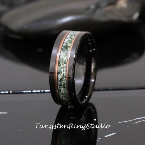 Polish Green Moss Agate Black Rose Gold Accent Ring 8mm Tungsten Wedding Ring Men Wedding Band Moss Agate Black Ring Mens Ring - Etsy Mexico Moss Agate Rings For Men, Moss Agate Mens Wedding Band, Moss Agate Wedding Rings, Agate Wedding Rings, Moss Agate Engagement Rings, Agate Engagement Rings, Ring Men Wedding, Male Rings, Wedding Ring Men