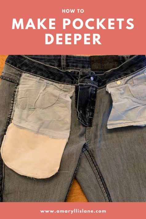 How to Make Pockets Deeper | Amaryllis Lane Pants Tutorial, Big Jeans, Sewing Pockets, Diy Pants, Denim Bag Patterns, Sewing Alterations, Adaptive Clothing, Repair Clothes, Jean Pockets