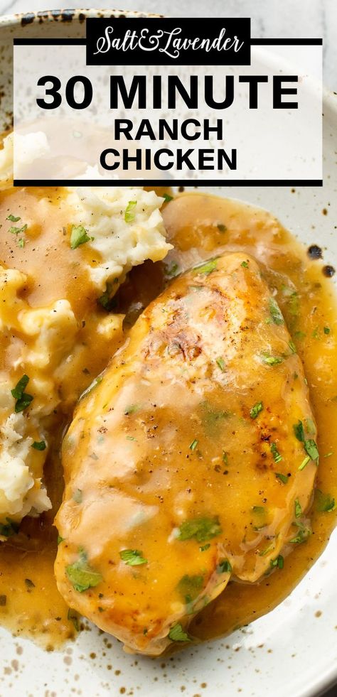 closeup of a plate with chicken in sauce and mashed potatoes with text overlay that reads 30 minute ranch chicken Ranch Gravy, Easy Ranch Chicken, Ranch Chicken Recipe, Ranch Seasoning Recipes, Pan Fried Chicken Breast, Chicken Gravy Recipe, Healthy Turkey Recipes, Turkey Gravy Recipe, Easy Chicken Recipe