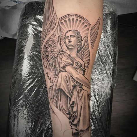 Angel Hand Tattoo, Religous Tattoo, Scroll Tattoos, Catholic Tattoos, Guardian Angel Tattoo, Only Angel, Heaven Tattoos, Statue Tattoo, Forearm Sleeve