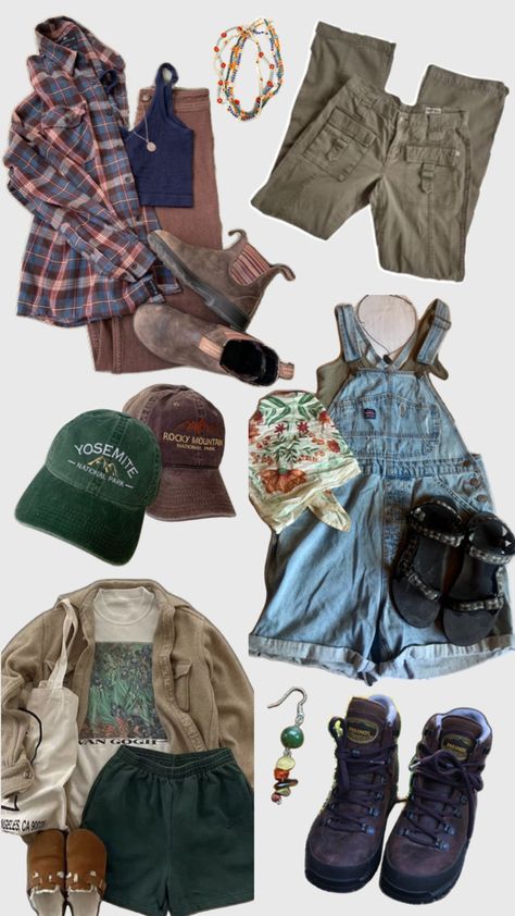 Granola girl aesthetic outfits, national park hats, hiking boots, beaded jewelry, overalls, bandanas, shorts, hiking pants, Tevas sandals Granola Style Outfits, Granola Girl Aesthetic Outfits, Outdoorsy Outfits, Granola Girl Outfits, Granola Outfits, Girl Aesthetic Outfits, Outdoorsy Girl, Granola Girl Aesthetic, Hiking Outfits