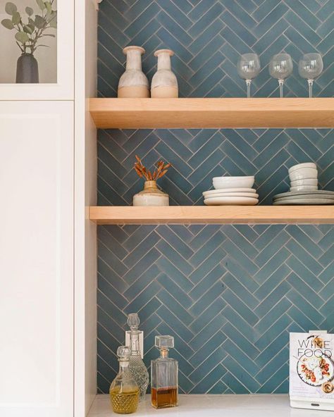 Zia Tile on Instagram: “Hyannis 2x8 cement tiles in all their muted blue magnificence — in classic herringbone by @construction2style 💙💙💙 📸 by…” Blue Herringbone Backsplash, Chevron Backsplash, Subway Tile Patterns, Herringbone Kitchen, Chevron Tile, Tile Layout, Herringbone Backsplash, Herringbone Tile, Tile Inspiration