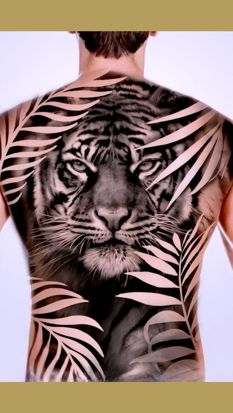 Tiger Back Tattoo Men, Full Chest Tattoo Design, Animal Back Tattoo, Tiger Tattoo Back, Tiger Back Tattoo, Dragon Koi Tattoo Design, Bushido Tattoo, Crown Tattoo Men, Lion Back Tattoo