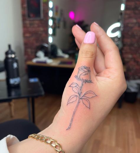 Rose Thumb Tattoo, Hand Tattoos Rose, Rose Hand Tattoos, Fine Line Rose, Thumb Tattoo, Pantone Wedding Colors, Tattoos Fine Line, Meaningful Word Tattoos, Thumb Tattoos