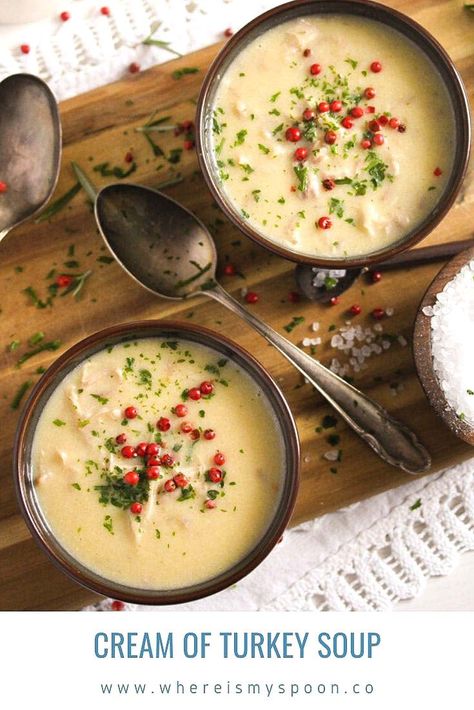 This cream of turkey soup with potatoes and vegetables is a comforting and super delicious way of dealing with leftover turkey. #whereismyspoon #turkeysoup #leftoverturkeysoup #creamofturkeysoup #leftoverssoup #thanksgivingleftovers Cream Of Turkey, Cream Of Turkey Soup, Slow Cooker Turkey Soup, Creamy Turkey Soup, Homemade Turkey Soup, Soup Turkey, Creamed Turkey, Leftover Turkey Casserole, Turkey Stew