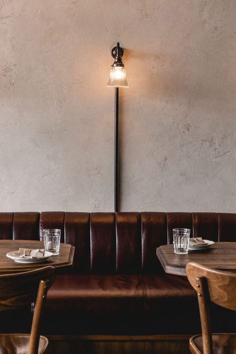 Leather Banquette, Sarah Grace, Dark Ceiling, Architectural Design Studio, Space Projects, Cafe Curtains, Wall Finishes, Local Design, Textured Wall