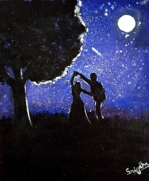 I'm Dancing In The Dark, Couple Dancing Drawing, Night Scene Painting, Couple In Rain, Couple Shadow, Couple Dance, Shadow Painting, Dancing Art, Shadow Drawing