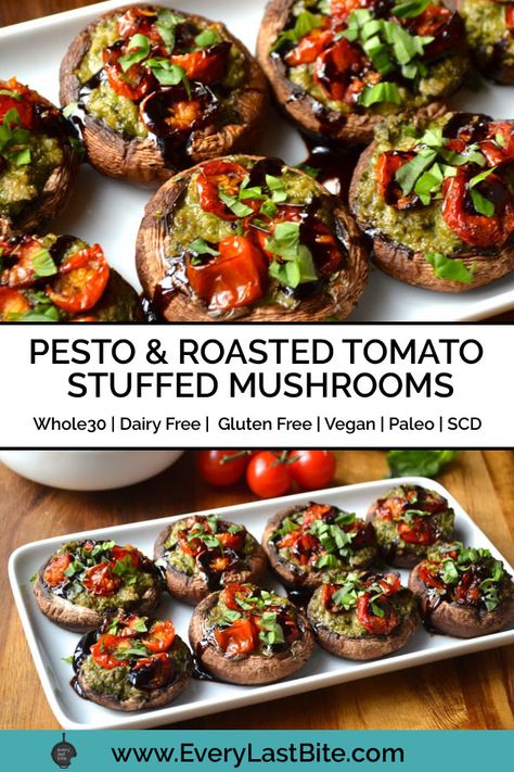 Whole 30 Vegetable Recipes, Eggless Snacks, Veggie Stuffed Mushrooms, Stuffed Mushrooms Vegan, Mushroom Pesto, Tomato Stuffed, Vegan Stuffed Mushrooms, Whole30 Vegan, Oven Roasted Tomatoes