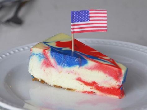 Red White And Blue Cheesecake, Swirled Cheesecake, Blue Cheesecake, Vanilla Whipped Cream, Blue Food Coloring, Whipped Cream Cheese, Red Food Coloring, Gel Food Coloring, Springform Pan