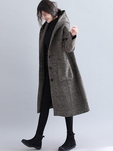 Loose Plaid Woolen Hood Coat Hood Style, Woolen Coat Woman, Winter Overcoat, Seasons Winter, Plaid Sleeve, Coffee Black, Women Overcoat, Color Coffee, Sleeves Clothing