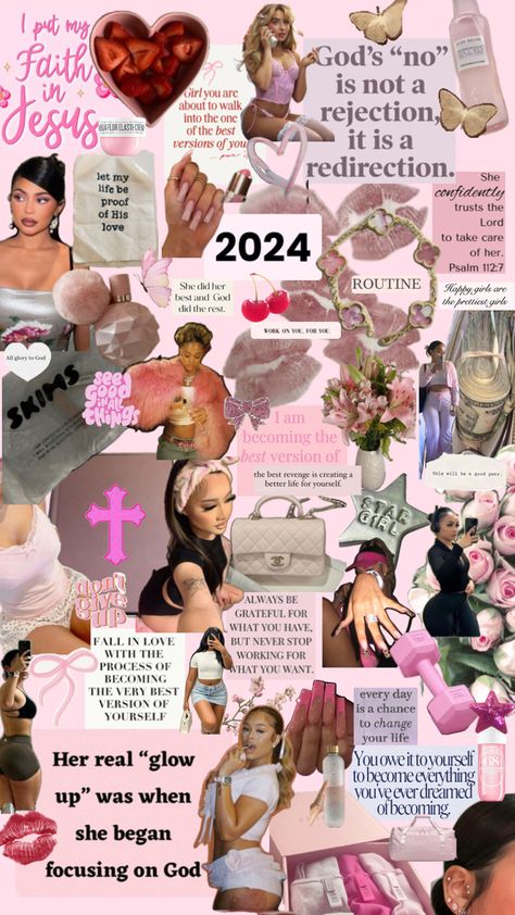 cute girly 2024 vision board Girly Girl Vision Board, Pretty Girl Vision Board, Pink Vision Board Pictures, Vison Boards Ideas 2024, Girly Mood Board, Girly Vision Board, Vision Board Layout, Vision Board Design, Notion Library