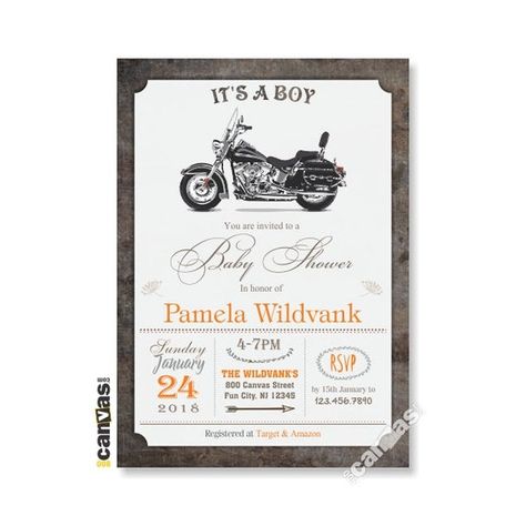 Motorcycle Baby Shower Invitation Baby Shower Invitation Boy Motorbike Themed Harley Bike Printable or Printed with FREE SHIPPING B191 by 800Canvas Harley Baby, Motorcycle Baby, Biker Baby, Baby Bike, Harley Bikes, Bar Wrappers, Baby Shower Invitations For Boys, Printed Invitations, Boy Shower