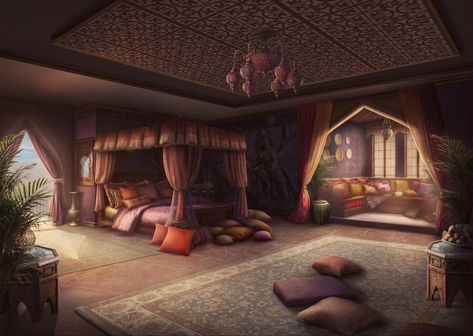 Arabian Bedroom Ideas, Arabian Nights Bedroom, Arabian Bedroom, Middle Eastern Decor, Interior Concept Art, Mansion Bedroom, Royal Bedroom, Castle Bedroom, Jungle House