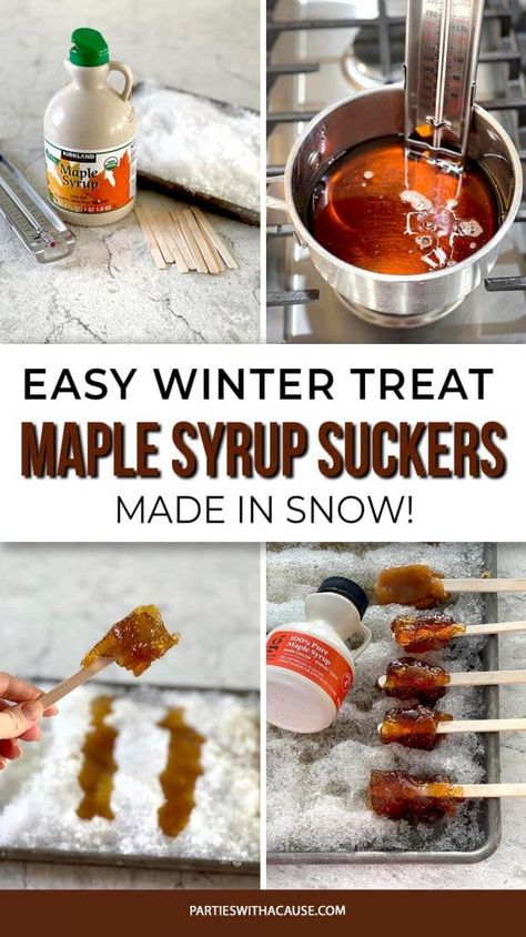 Looking for a tasty winter time activity? Try making this maple syrup candy in the snow! It's so easy and your kids will be amazed at the magic winter treat! Get the recipe along with tips and tricks at PartiesWithACause.com Maple Snow Candy, Maple Syrup Snow Candy, Frozen Maple Syrup, Maple Syrup Activities For Kids, Maple Syrup On Snow, Maple Syrup Candy, Nature Decorations, Snow Candy, Homemade Maple Syrup