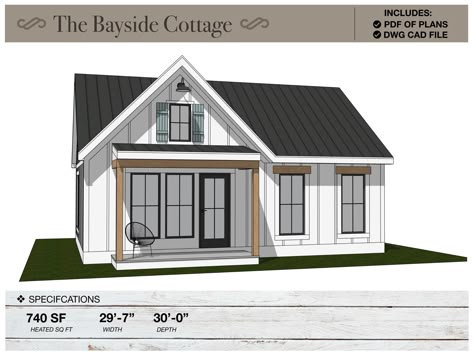 "The Bayside Cottage is a modern ranch style tiny farmhouse that offer a large kitchen with eat in island, 1 bathroom, 1 bedroom, large open living space and front porch.  -------------------------------------------------------------------------------------------------- WHATS INCLUDED in the digital download? 1) 24\"X36\" Architectural Plans / Schematic Design  A01- COVER SHEET, DOOR/WINDOW SCHEDULE AND NOTES A02- FLOOR PLAN WITH DIMENSIONS, KITCHEN LAYOUT/CABINET SIZES AND NOTES, ROOF PLAN A03- ELEVATIONS WITH DIMENSIONS AND MATERIAL CALL OUTS A04- CROSS SECTION WITH CALL OUTS.  2) FREE AUTOCAD DWG FILE THAT INCLUDES, FLOOR PLANS, ELEVATIONS, SECTION. File allows you, architect or engineer to make modification, changes and customizations to the plans. ( Capable with AutoCad 2013 and great Small Modern Farmhouse Plans With Loft, 2 Bedroom Cabin Floor Plans, Small Modular Home Floor Plans, 1 Bedroom With Loft Floor Plans, Camper Layout Floor Plans, 20x20 Floor Plan Tiny Homes, 1 Bedroom Cottage Plans, Small House Floor Plans 1 Bedroom, 20x25 House Plans