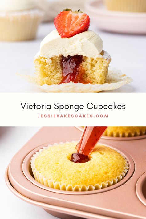 Put a twist on a classic bake with this delicious Victoria Sponge Cupcakes recipe! The vanilla sponge is filled with jam, topped with whipped cream, and decorated with a fresh strawberry. #jessiebakescakes #cupcakerecipes #victoriasponge #summerdesserts #strawberryrecipes #strawberrycake #vanillacupcakes #cupcakeideas Vanilla Cake With Jam Filling, Victoria Sponge Cupcake, Victoria Sponge Cupcakes Recipe, Victoria Cupcakes, Victoria Sponge Cupcakes, Cupcake Flavours, Sponge Cupcakes, Homemade Cupcake Recipes, Heavenly Desserts